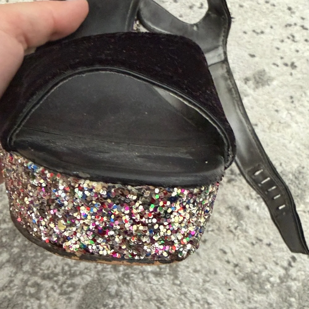 Circus by Sam Edelman Black Velvet Platform Sandals with Multicolor Glitter Heel